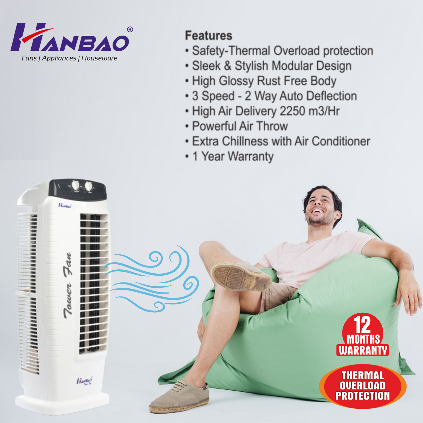 Hanbao Tower Fan - Regular, 12 months Warranty