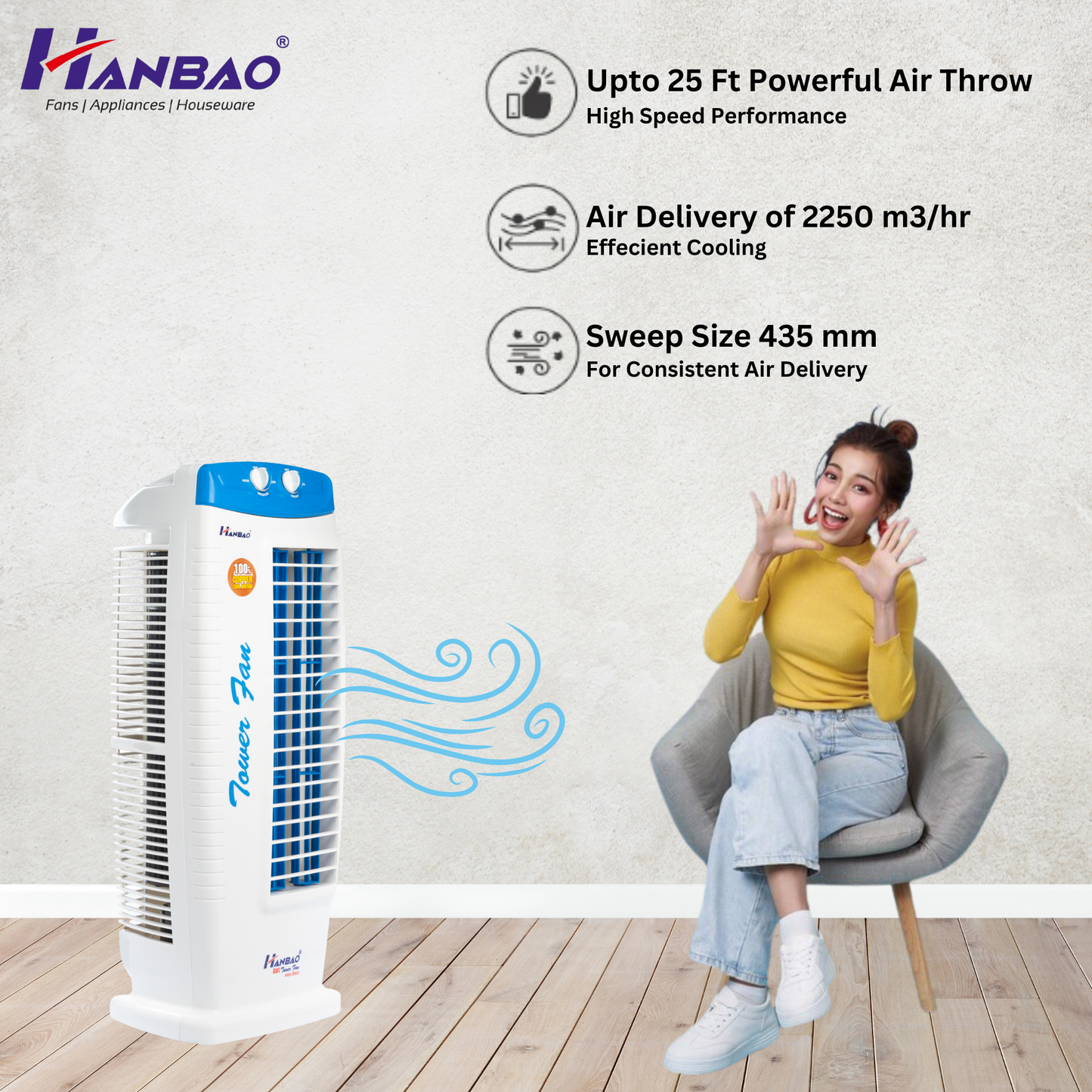 Hanbao Tower Fan- Gati, copper coil motor 30 months Warranty