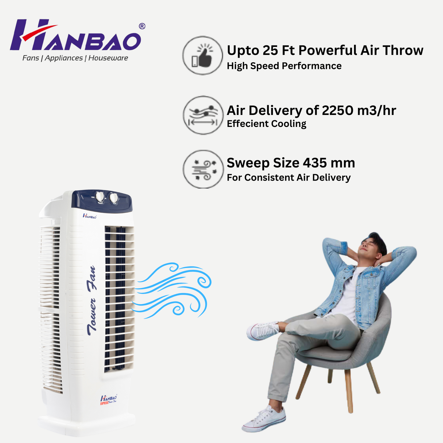 Hanbao High Speed Tower Fan- Express, 18 months Warranty