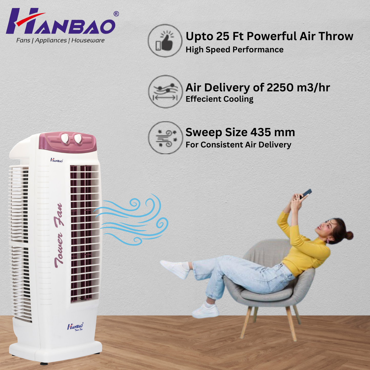 Hanbao Tower Fan- Vaayu, 12 months Warranty