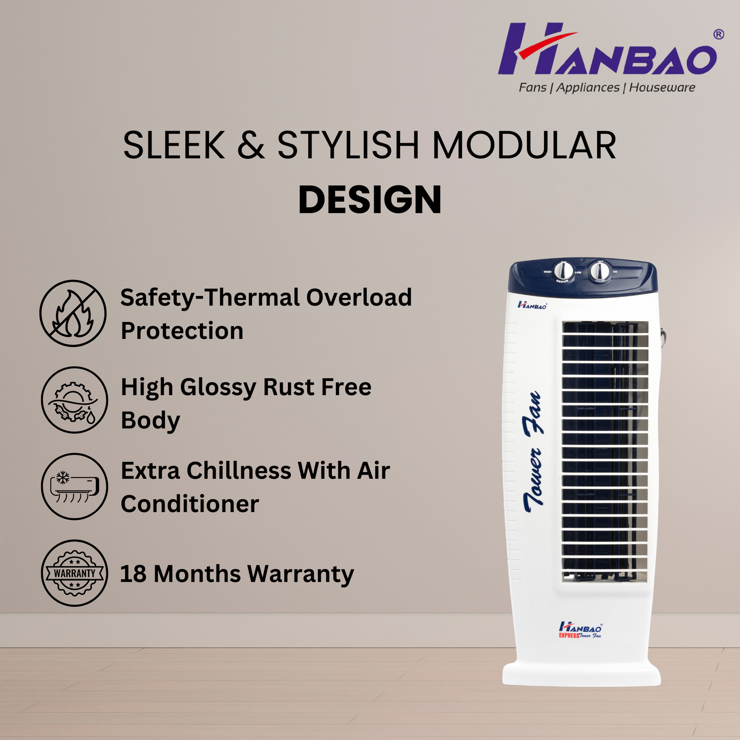 Hanbao High Speed Tower Fan- Express, 18 months Warranty