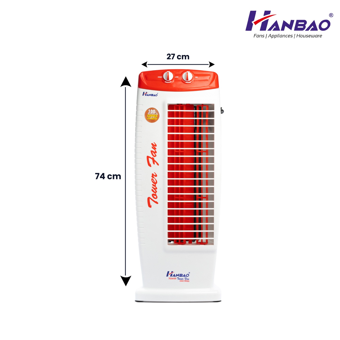 Hanbao Tower Fan- Hawaa, copper coil motor, 24 months Warranty