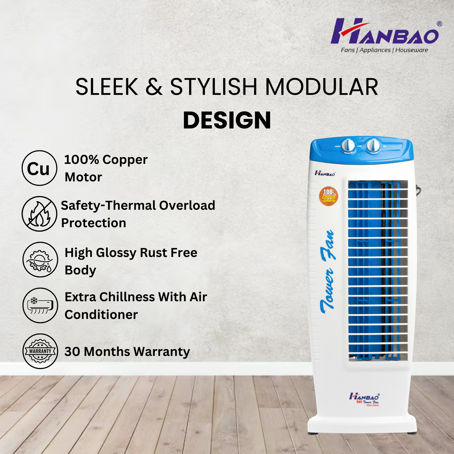 Hanbao Tower Fan- Gati, copper coil motor 30 months Warranty