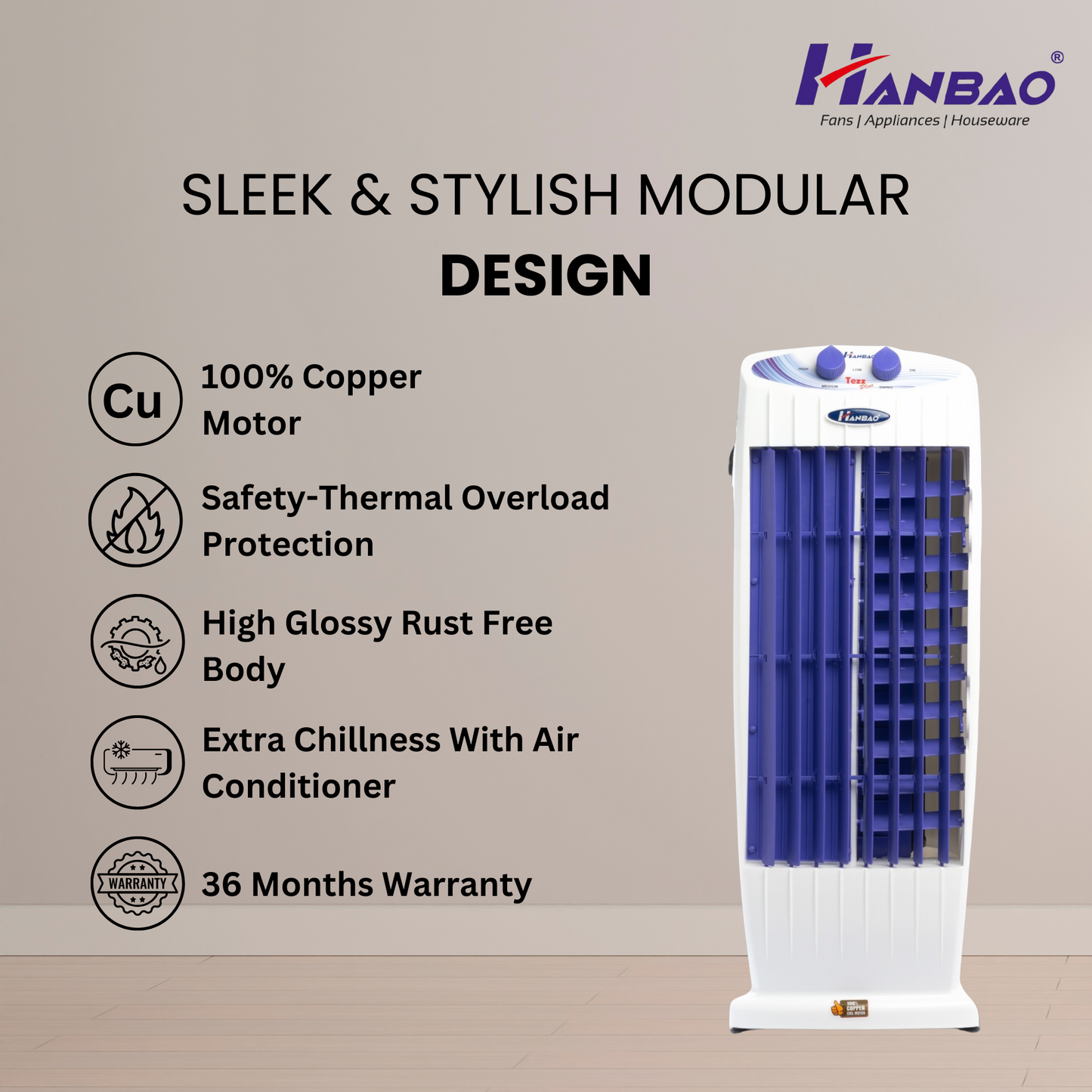 Hanbao Tezz Plus Tower Fan - 100% copper motor, 36 months warranty