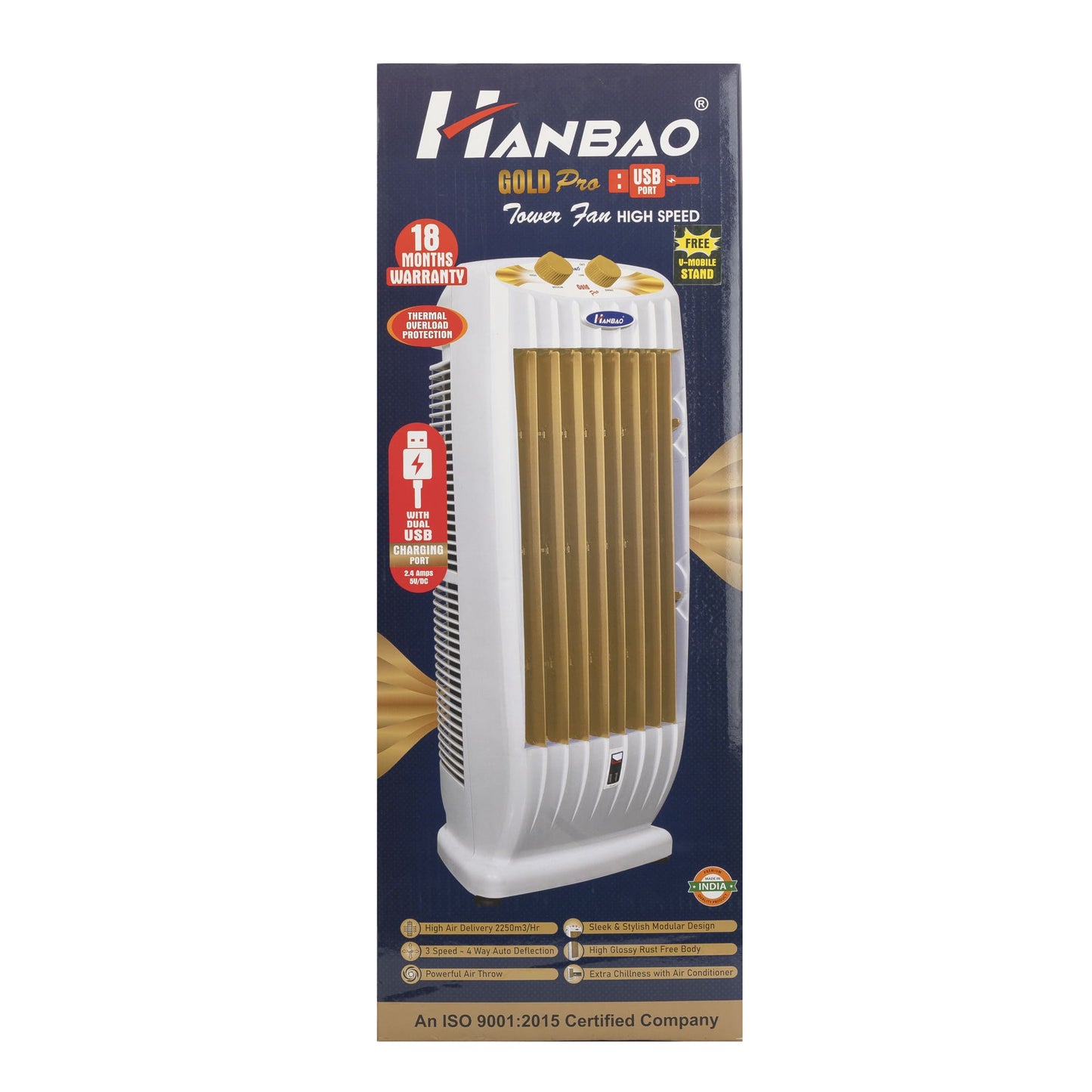 Hanbao Gold Pro Tower Fan - USB charging, 18 months Warranty