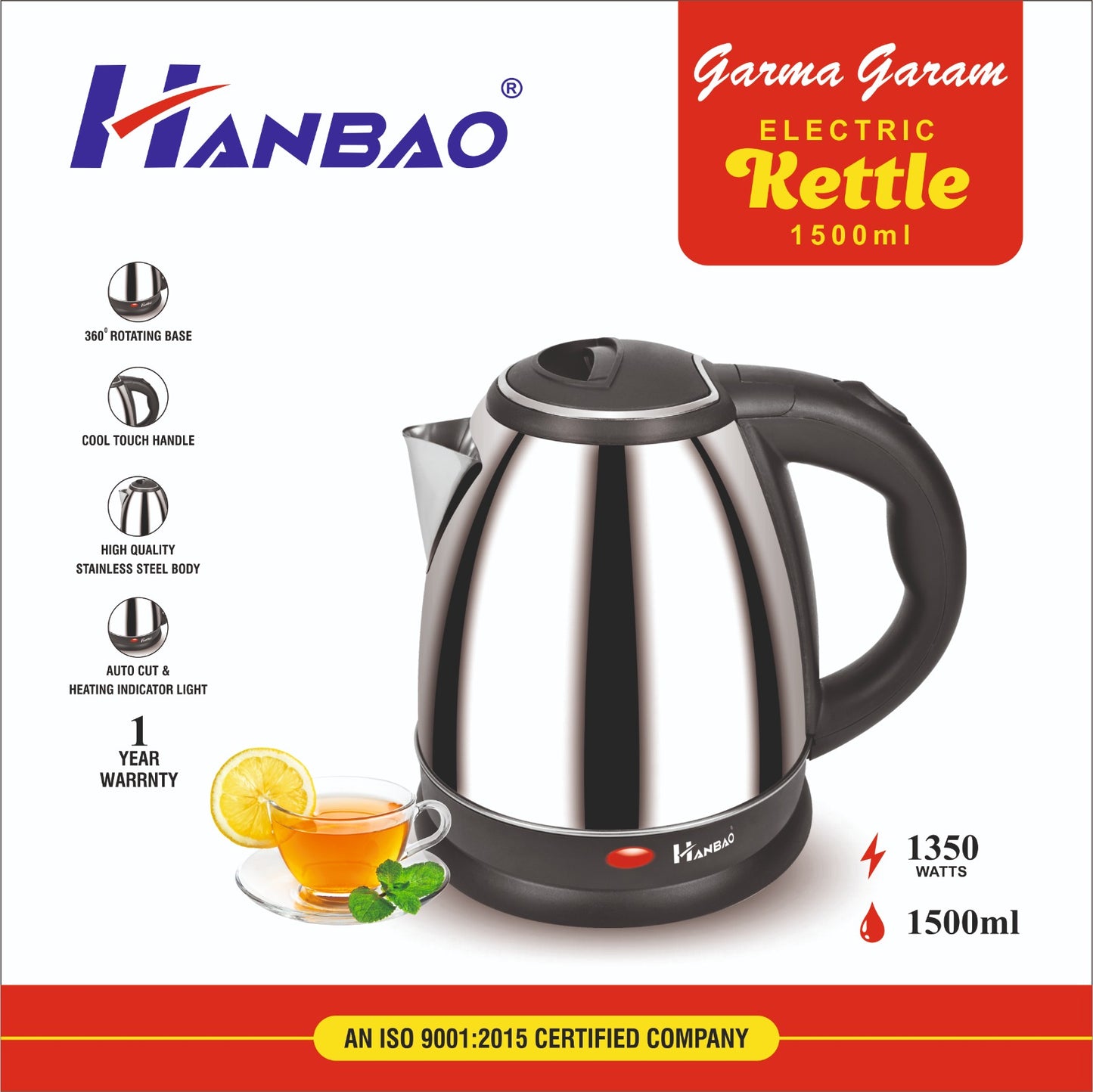 Hanbao 1.5 litre Garma Garam Electric Kettle | 1350W | 1 Year warranty