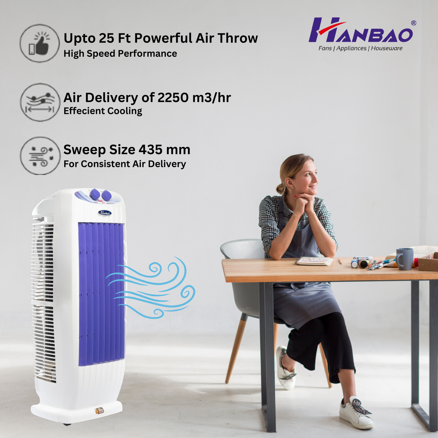 Hanbao Tezz Plus Tower Fan - 100% copper motor, 36 months warranty