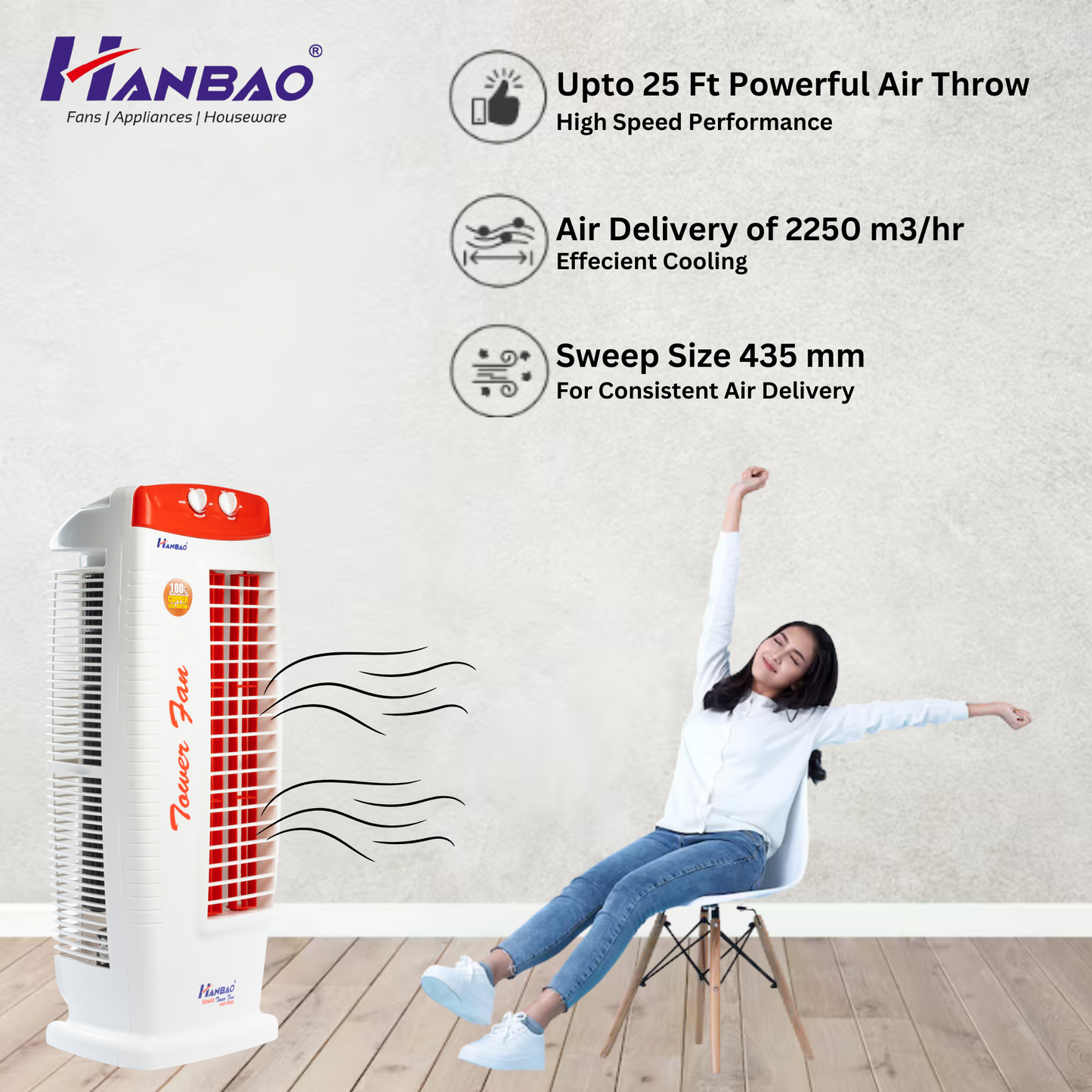 Hanbao Tower Fan- Hawaa, copper coil motor, 24 months Warranty