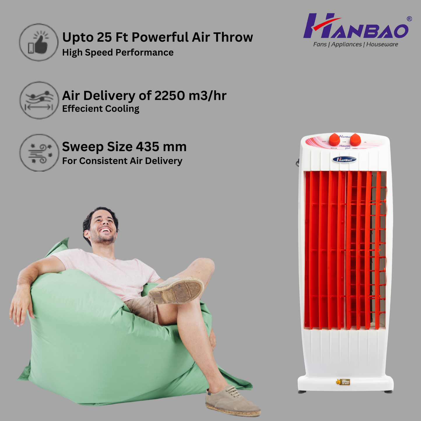 Hanbao Hawaa Plus Tower Fan - 100% copper motor, 24 months warranty