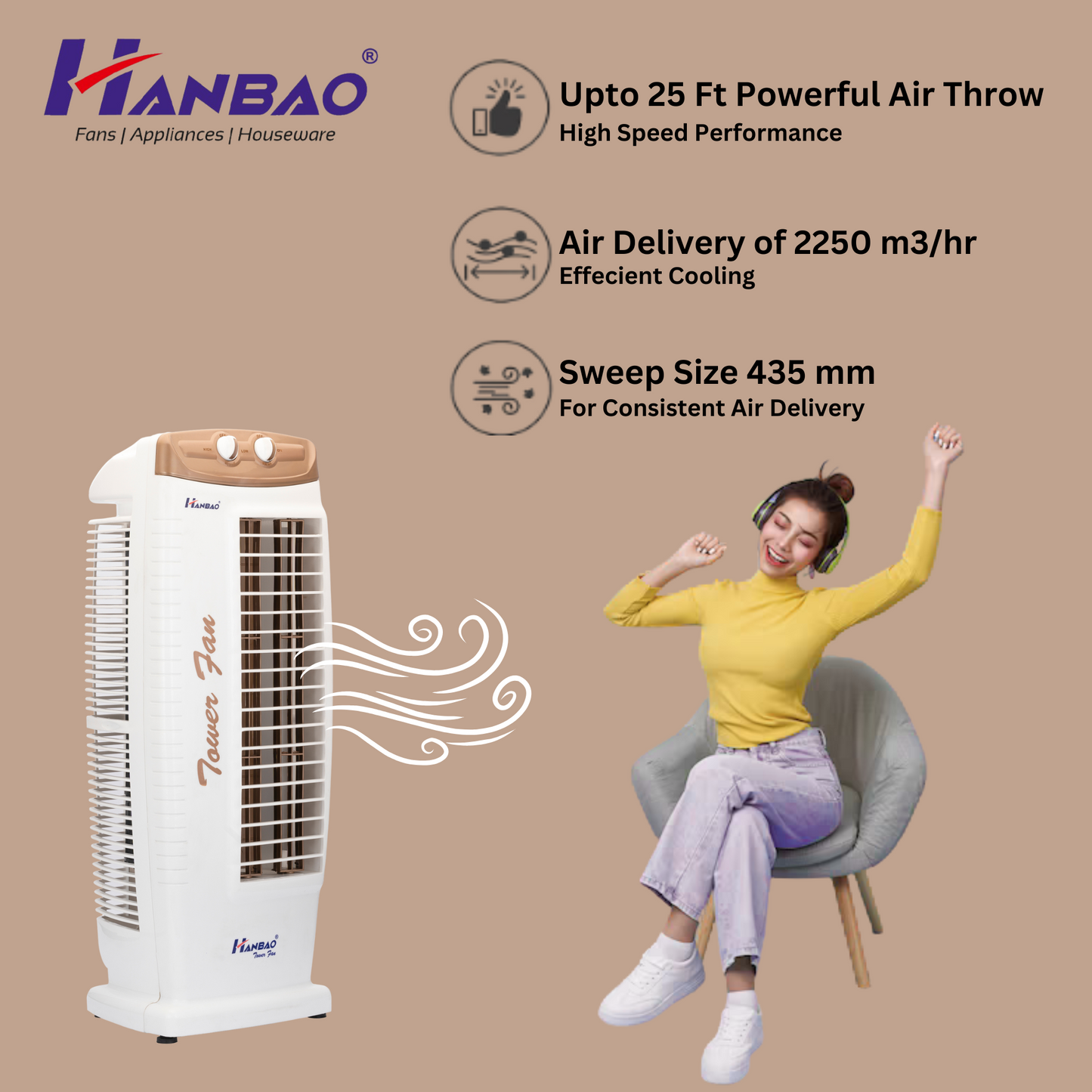 Hanbao Tower Fan- Visiri, 12 months Warranty