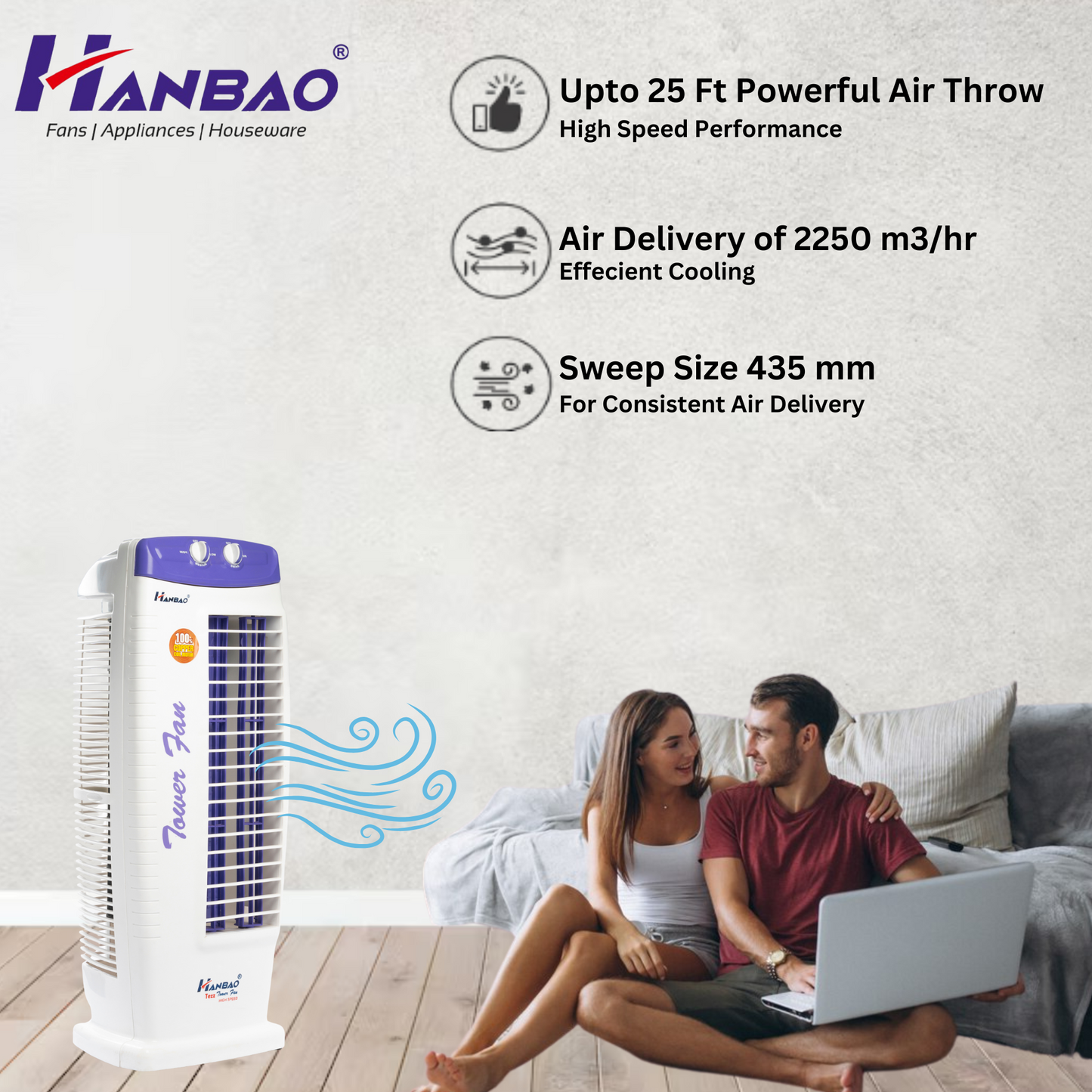 Hanbao Tezz Tower Fan - 100% copper motor, 36 months warranty