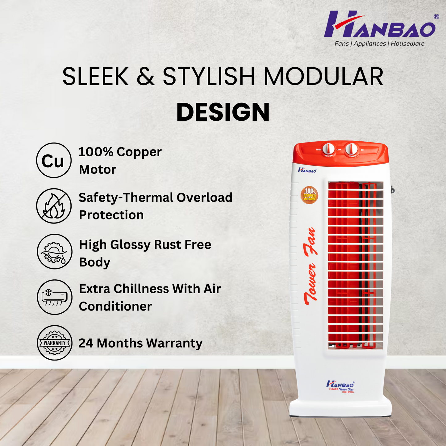 Hanbao Tower Fan- Hawaa, copper coil motor, 24 months Warranty