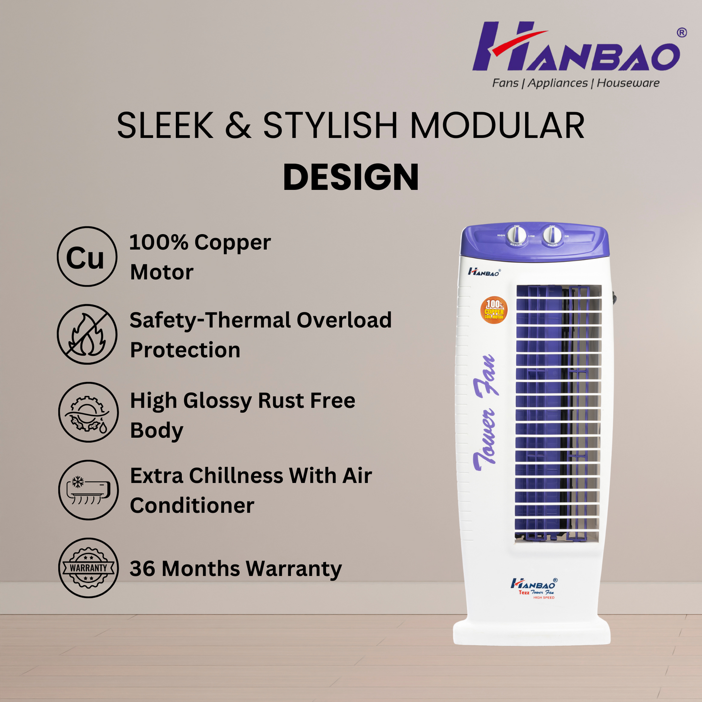 Hanbao Tezz Tower Fan - 100% copper motor, 36 months warranty