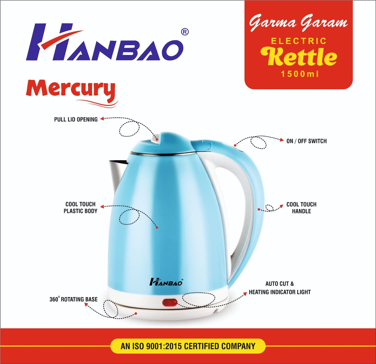 Hanbao Cool Touch Electric Kettle, 1.5ltrs, 1350 Watts, Double Layer outer body, Mercury