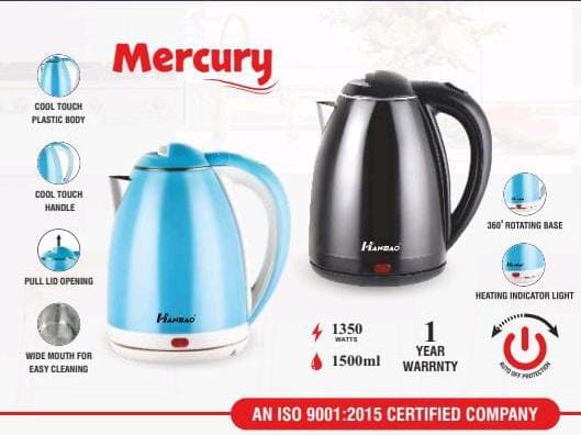 Hanbao Cool Touch Electric Kettle, 1.5ltrs, 1350 Watts, Double Layer outer body, Mercury